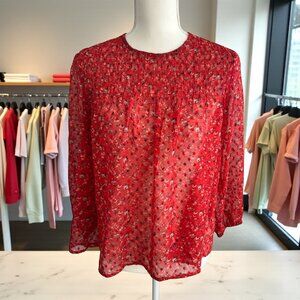 LUCKY BRAND Red Floral 3/4 Sleeve Sheer Blouse Size XS